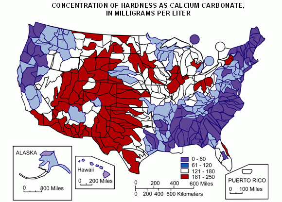 Map of water hardness in the United States